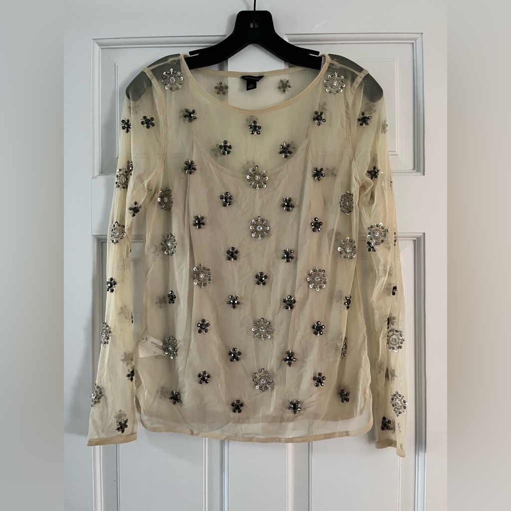 Ann Taylor Cream Embellished Blouse